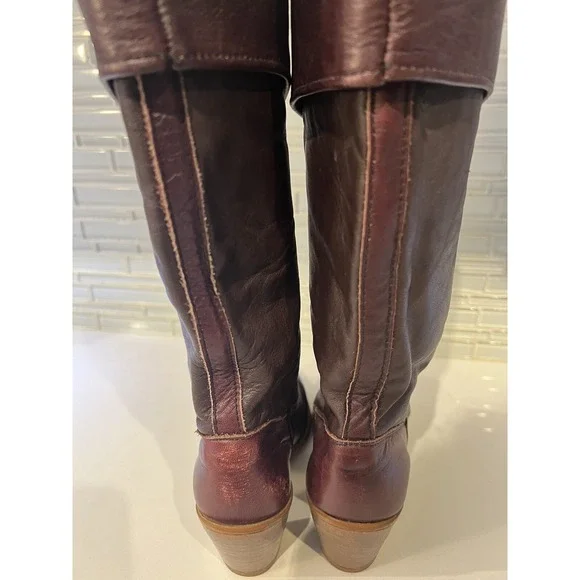 Vintage Dexter High Burgundy Leather Heeled 5 1/2M Boho Cuffed Boots - Picture 8 of 12